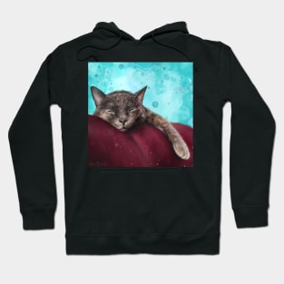 Painting of a Gray Cat Sleeping on a Red Couch on Blue Background Hoodie